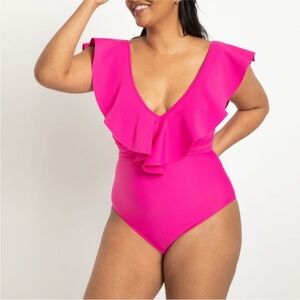 NEW ELOQUII DRAMA RUFFLE SHOULDER BELTED SWIMSUIT  HOT PINK